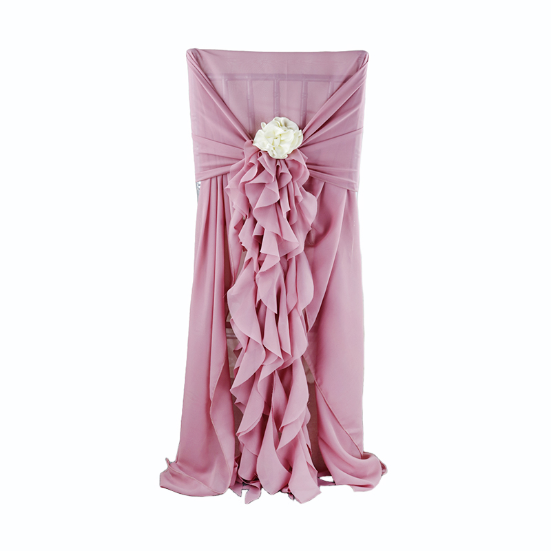 Dusty Pink Chiffon Ruffled Wedding Chair Cover Sash with Hood